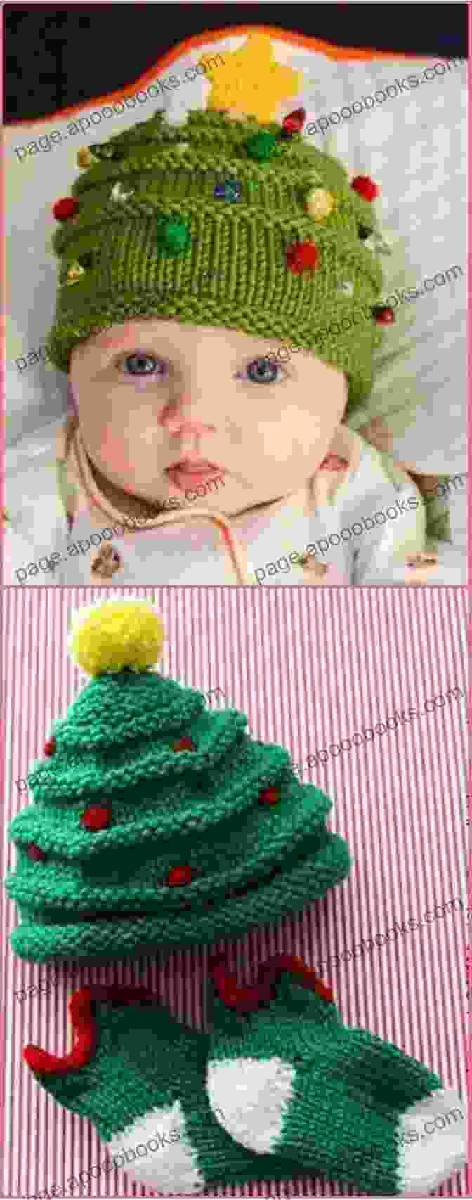 A Beautifully Knitted Christmas Tree Hat In Green And Red Yarn, Adorned With Sparkling Beads And A Star Shaped Pom Pom. Christmas Tree Hat Knitting Pattern 5 Sizes Included