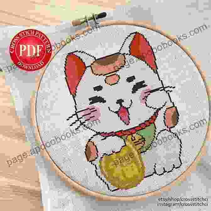 A Vibrant And Detailed Cross Stitch Pattern Featuring A Beckoning Lucky Cat, Surrounded By Intricate Japanese Motifs. Lucky Cat Cross Stitch Pattern