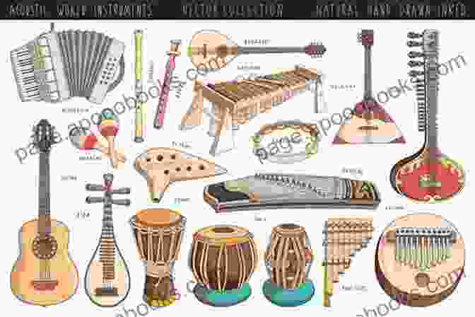 A Vibrant Array Of Traditional Musical Instruments From Around The World,象征着世界音乐的丰富多样性。 Analytical Studies In World Music