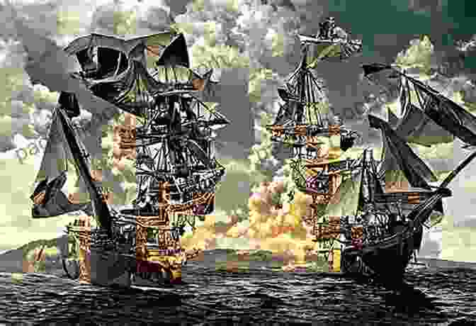 Illustration Of A Pirate Battle, With Ships Firing Cannons At Each Other In A Stormy Sea Pirate Latitudes: A Novel Michael Crichton