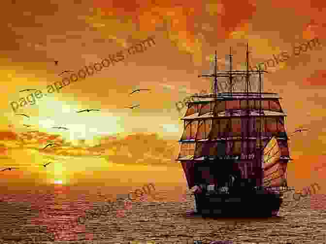 Illustration Of A Pirate Ship Sailing Into The Sunset, With A Beautiful Sunset Sky In The Background Pirate Latitudes: A Novel Michael Crichton